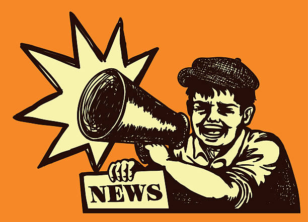 Latest news! Retro Vintage Paper boy shouting with megaphone selling newspaper vendor, Extra! Special edition!